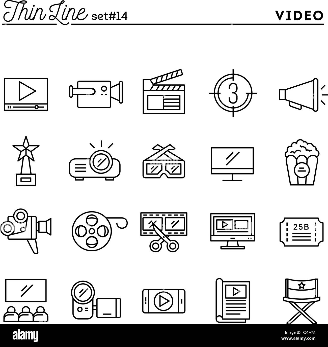 Film, video, shooting, editing and more, thin line icons set Stock Vector