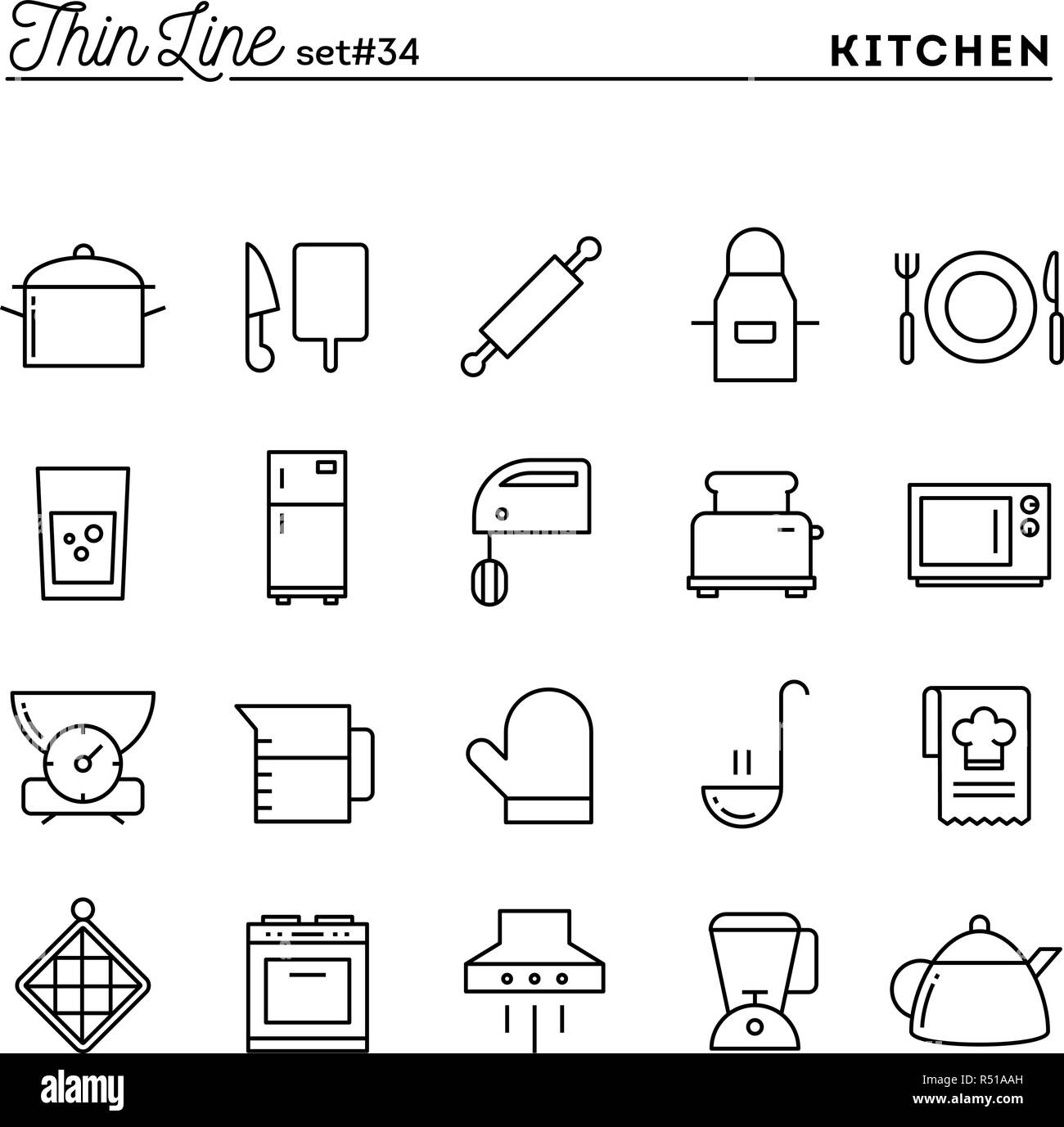 Kitchen utensils, food preparation and more, thin line icons set Stock ...