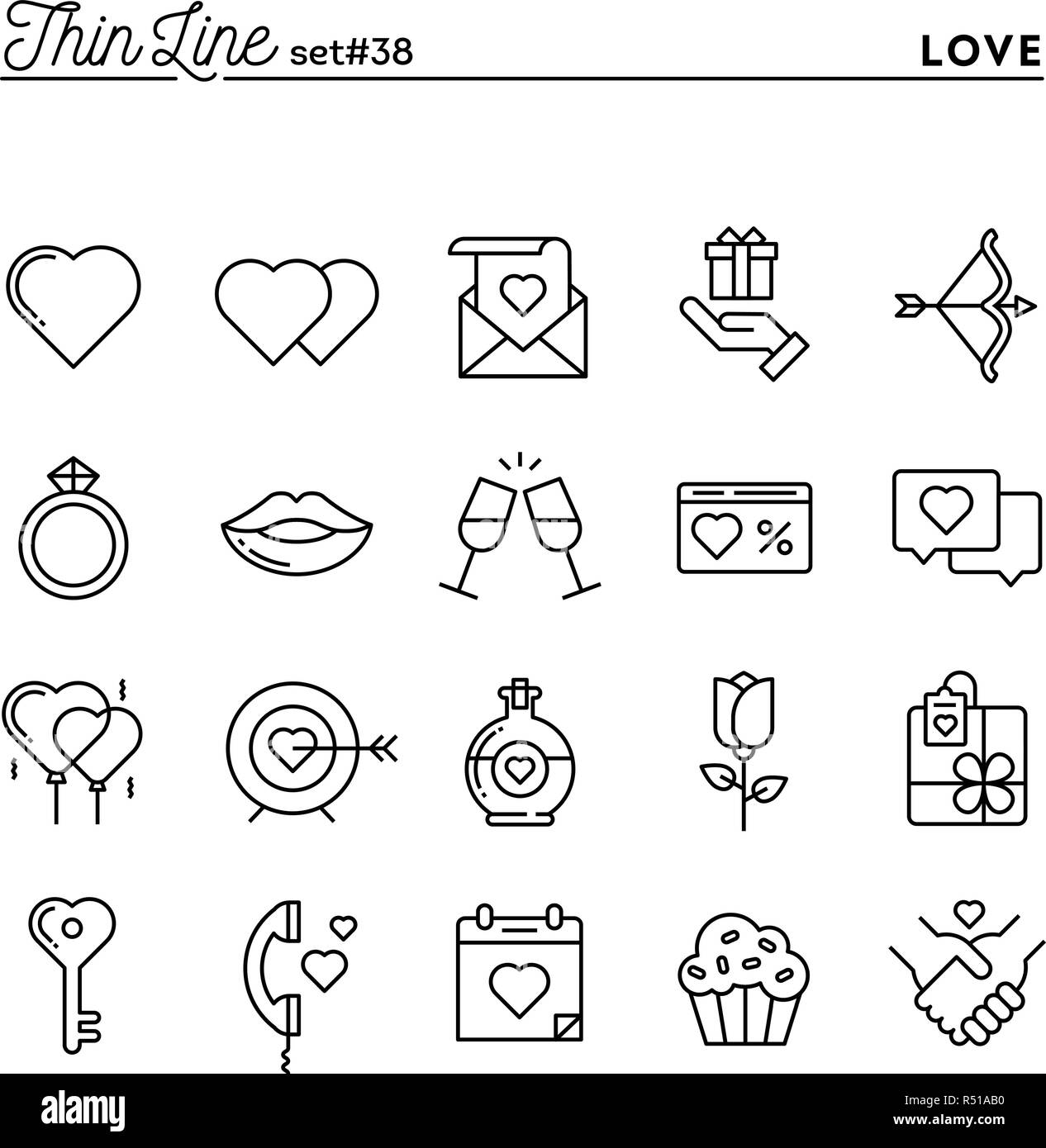 Love, Valentine's day, dating, romance and more, thin line icons set Stock Vector