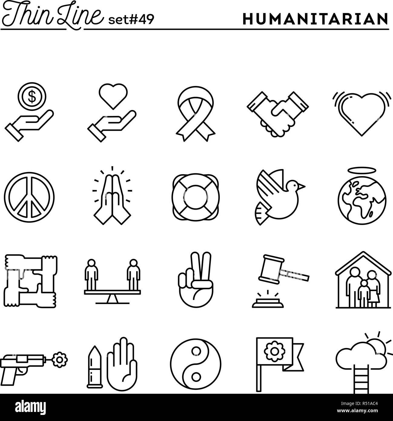 Humanitarian, peace, justice, human rights and more, thin line icons set Stock Vector