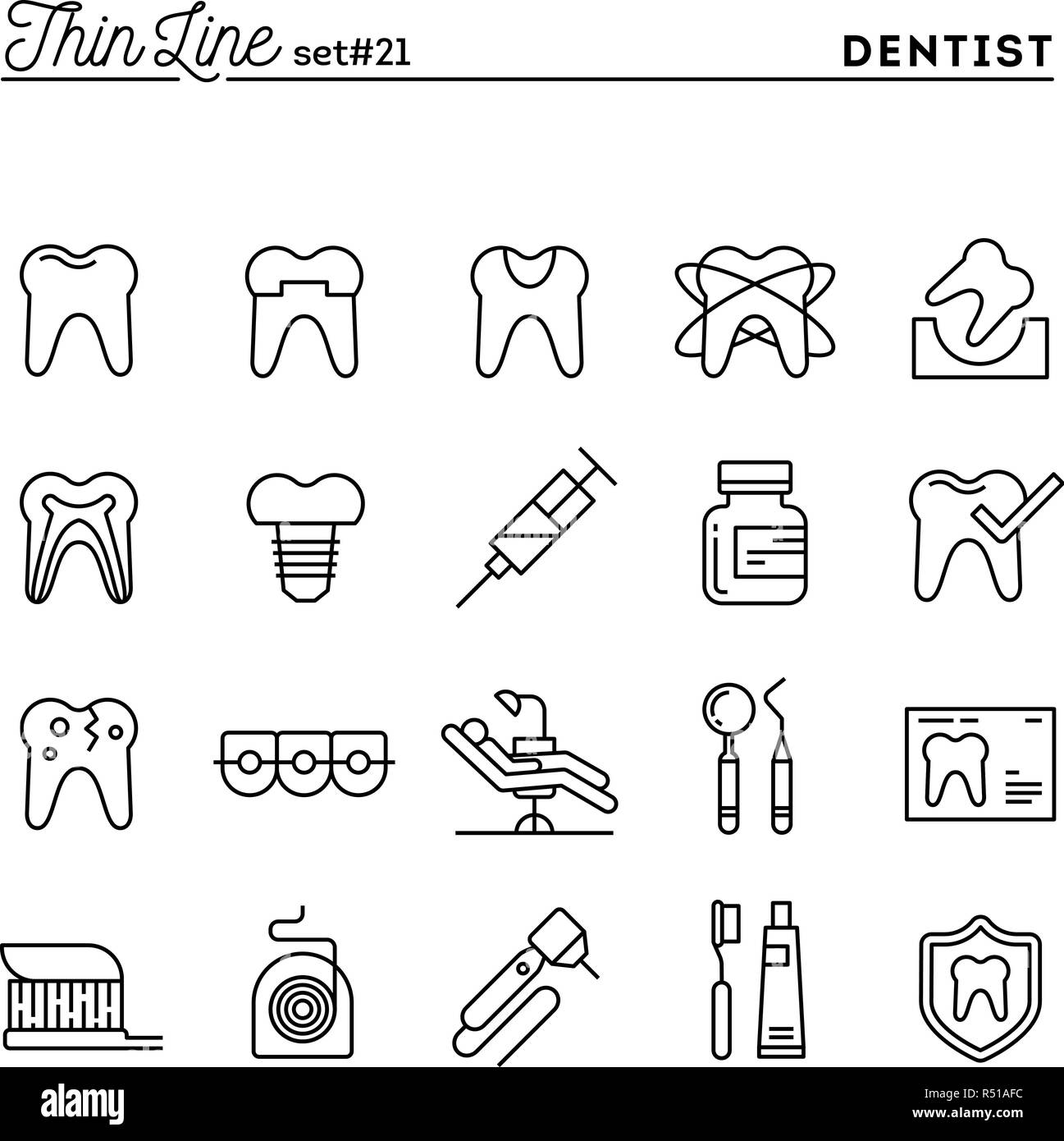 Dentist, dental care, healthy teeth, protection and more, thin line icons set Stock Vector