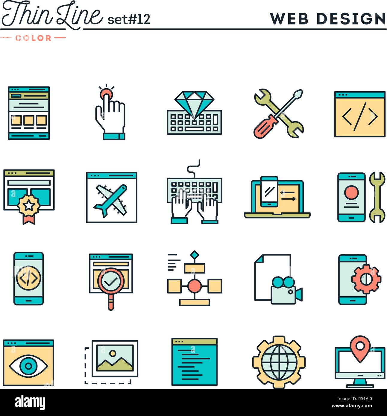Web design, coding, responsive, app development and more, thin line color icons set Stock Vector