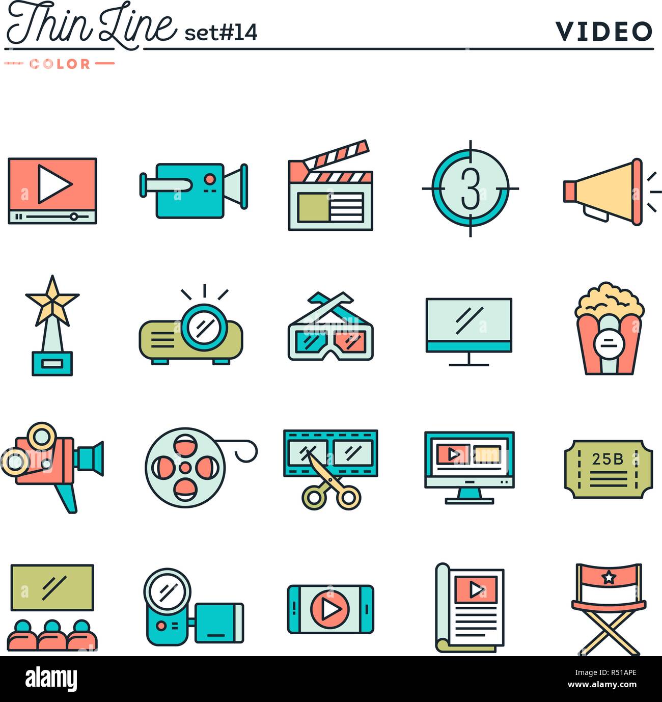 Film, video, shooting, editing and more, thin line color icons set Stock Vector