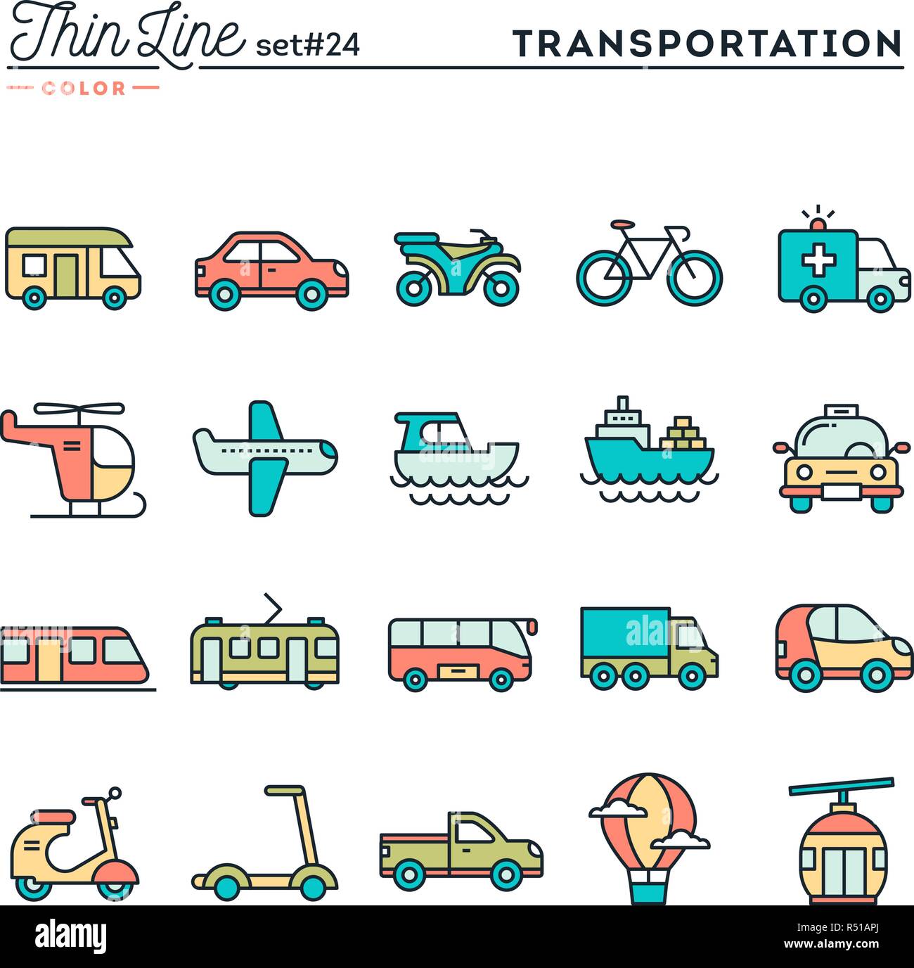 Transportation and vehicles, thin line color icons set Stock Vector