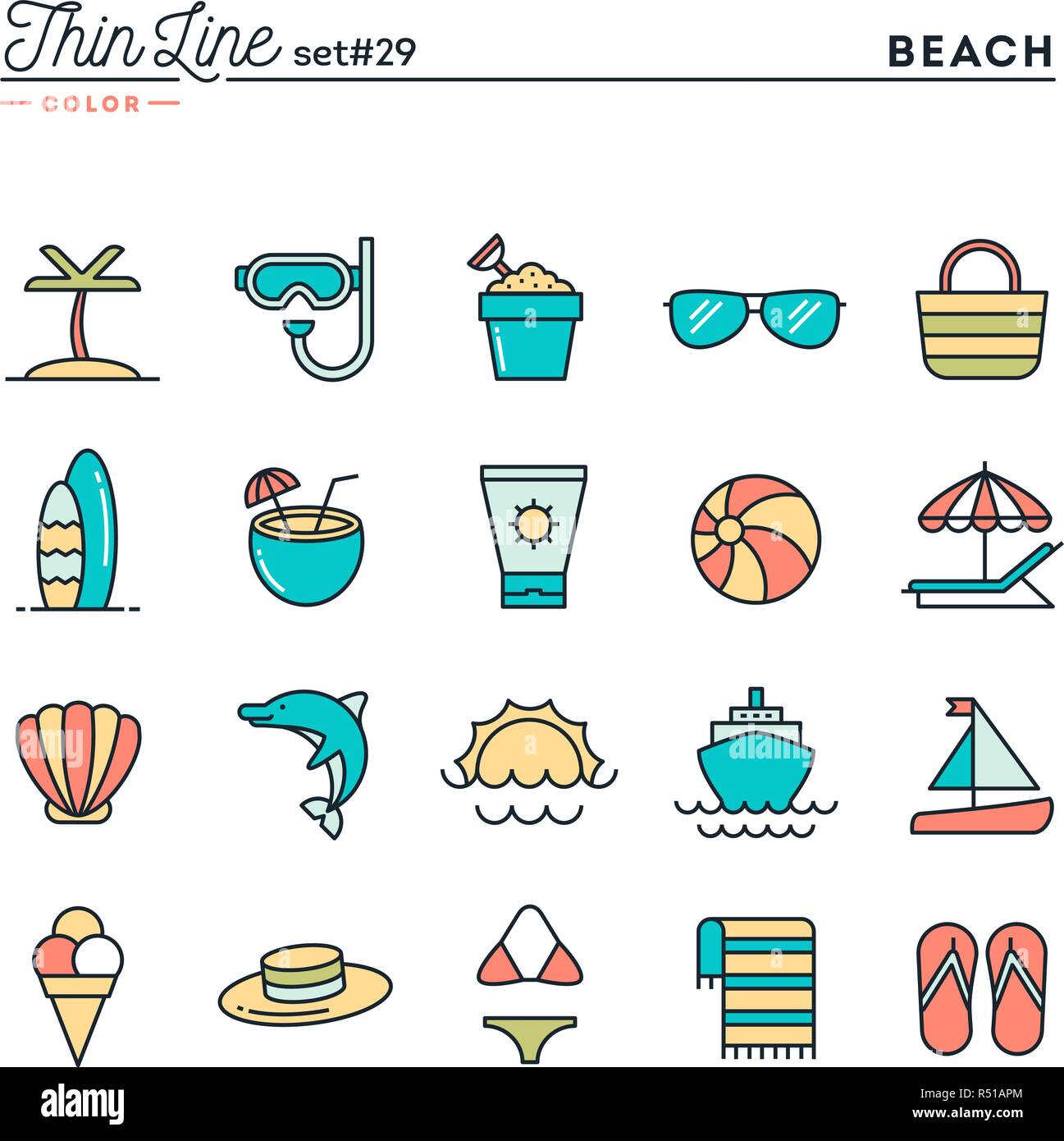 Tropical Beach Summer Vacation Cruising And More Thin Line Color Icons Set Stock Vector 8922