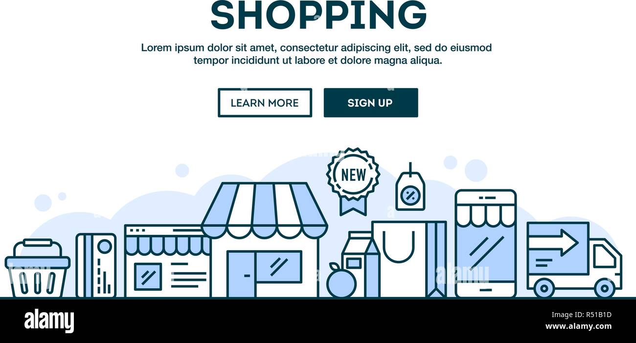 Online shopping, concept header, flat design thin line style Stock