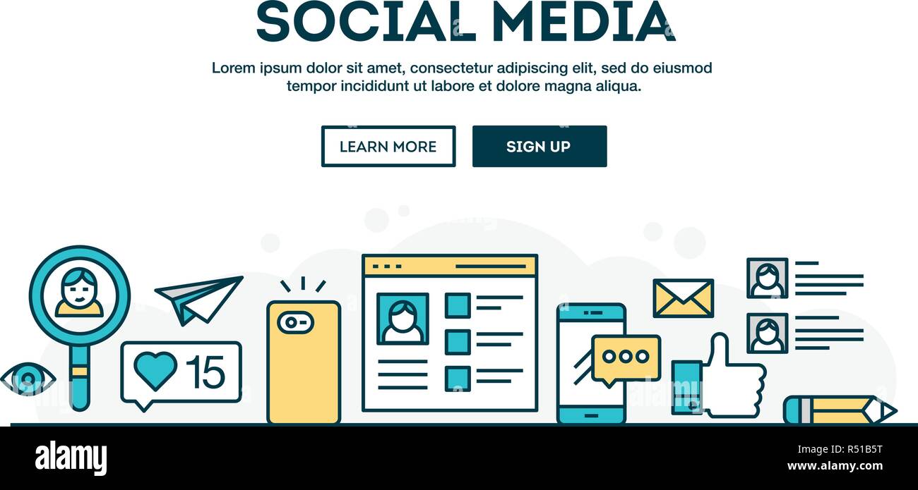 Social media, colorful concept header, flat design thin line style Stock Vector