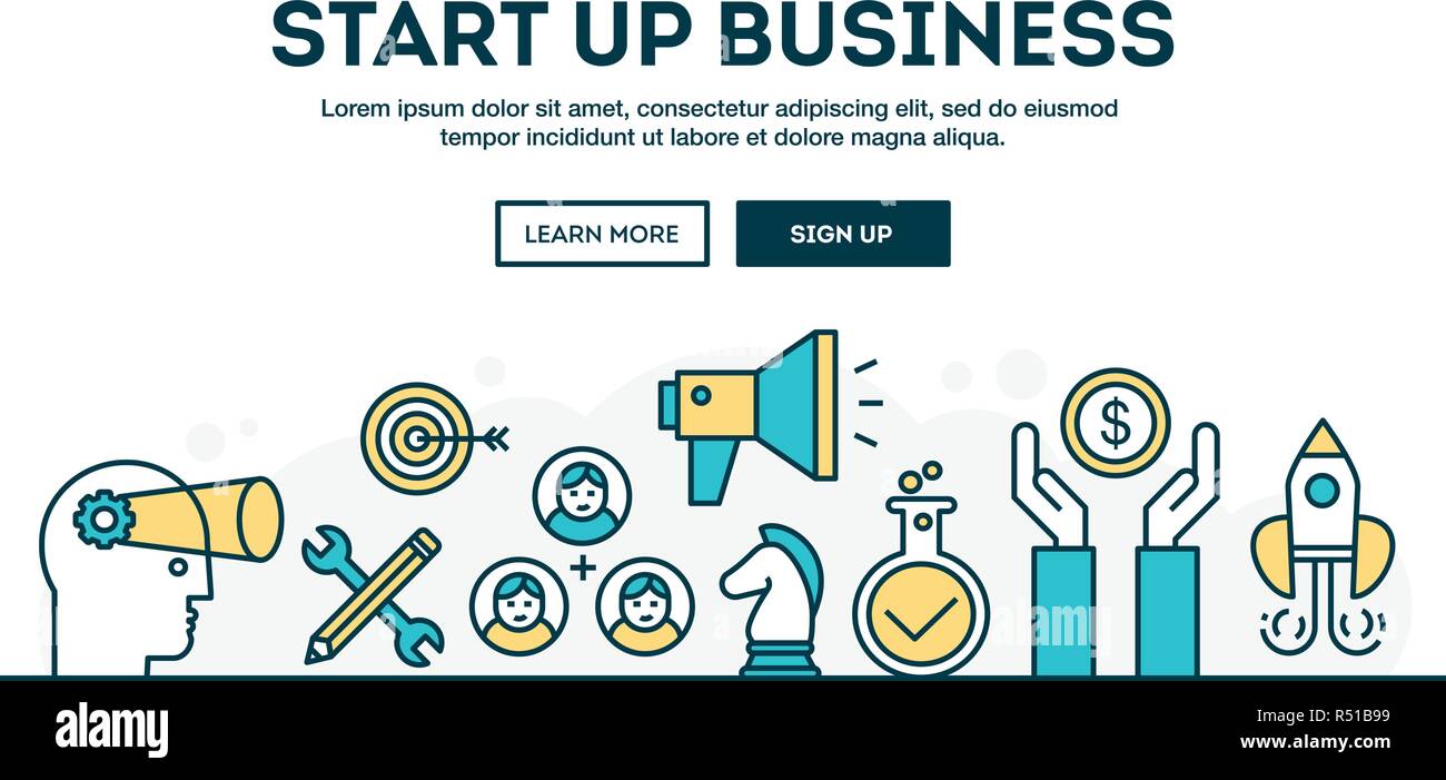 Start up business, colorful concept header, flat design thin line style Stock Vector