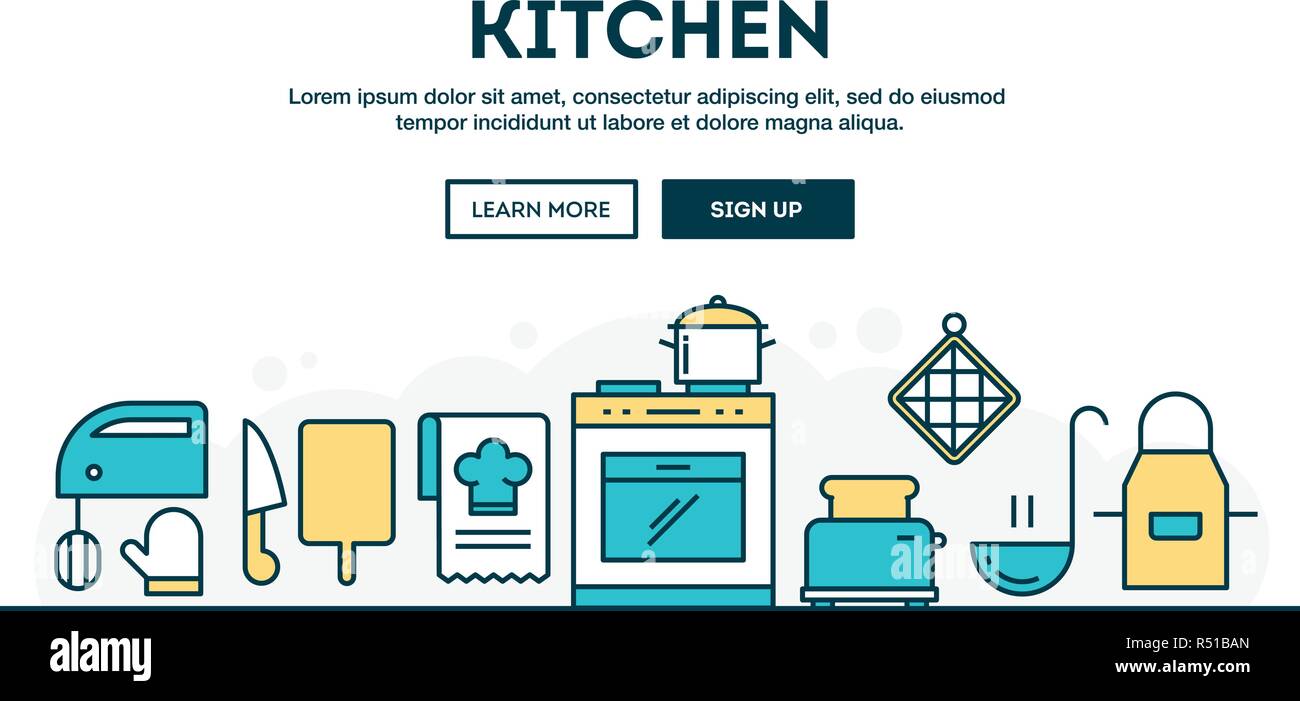 Kitchen, colorful concept header, flat design thin line style Stock Vector