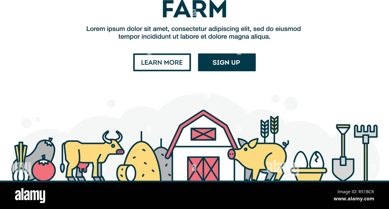 Farm, local grown food, farmer's market, colorful concept header, flat ...