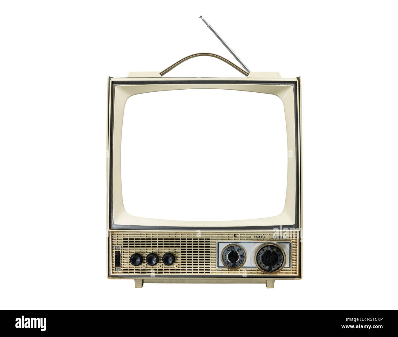 Grungy vintage portable television isolated on white with cut out screen. Stock Photo