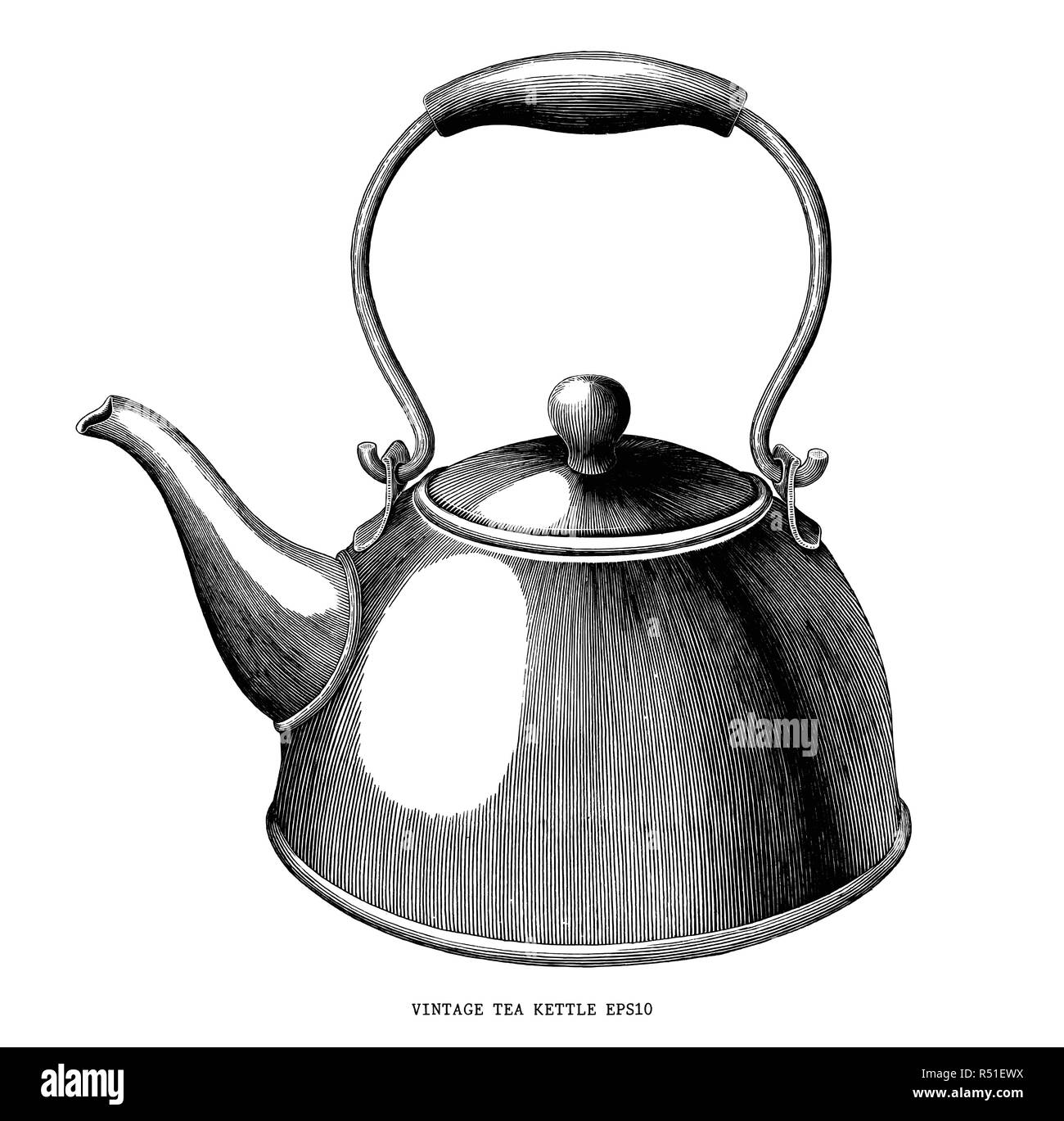 Vintage tea kettle hand draw engraving illustration black and white