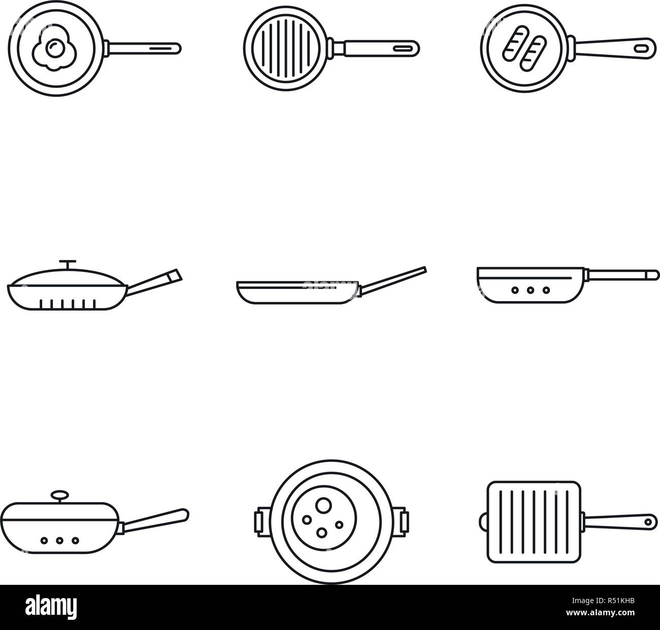 Griddle pan icon set. Outline set of griddle pan vector icons for web