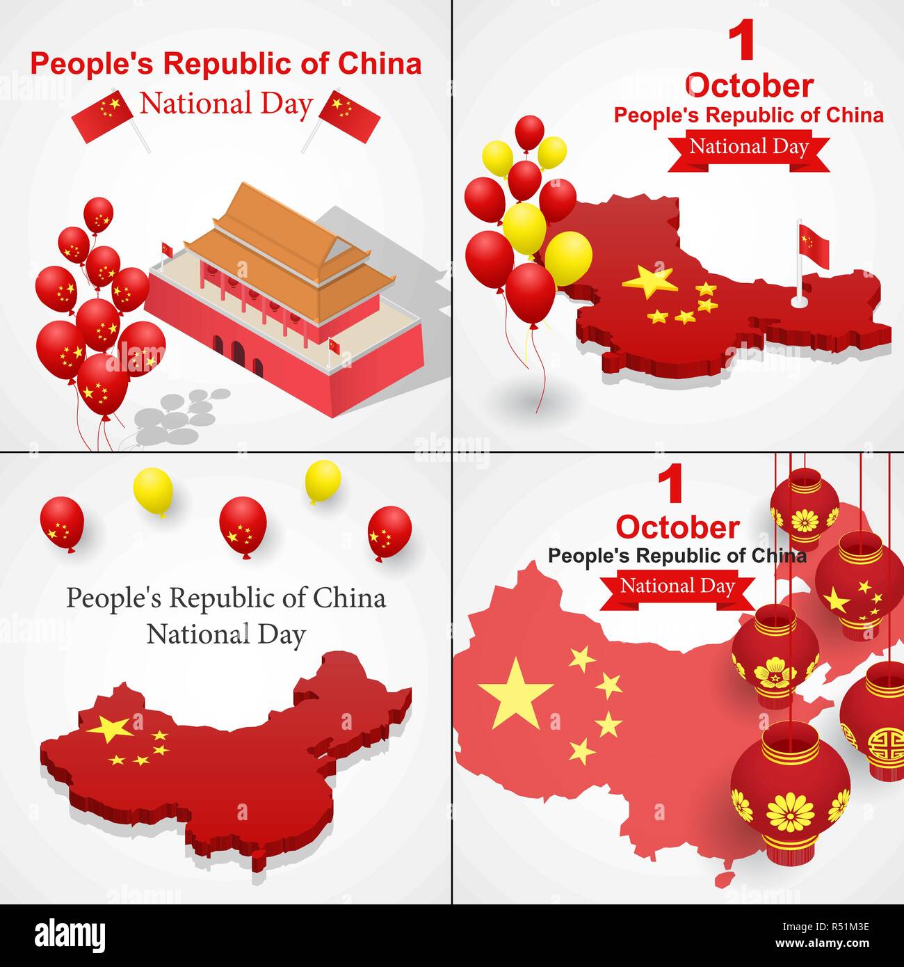Happy National Day In China Banner Set Isometric Illustration Of