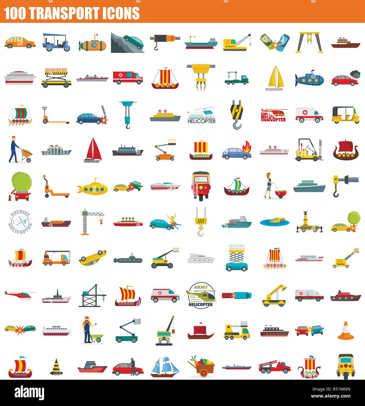 100 transport icon set. Flat set of 100 transport vector icons for web design Stock Vector