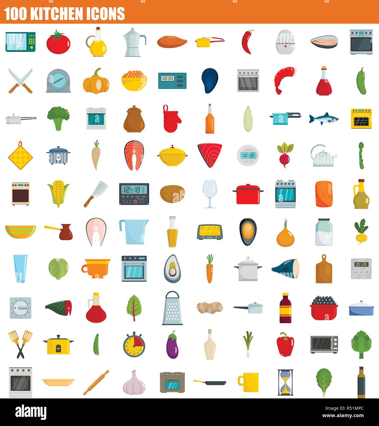 100 kitchen icon set. Flat set of 100 kitchen vector icons for web ...