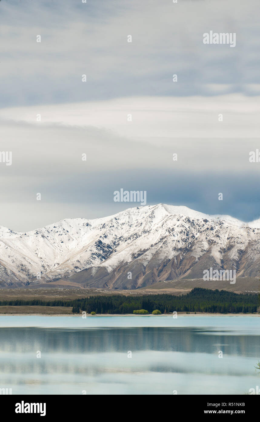New Zealand Landscape, Snowy Mountains and Lake, Lake Tekapo Stock Photo