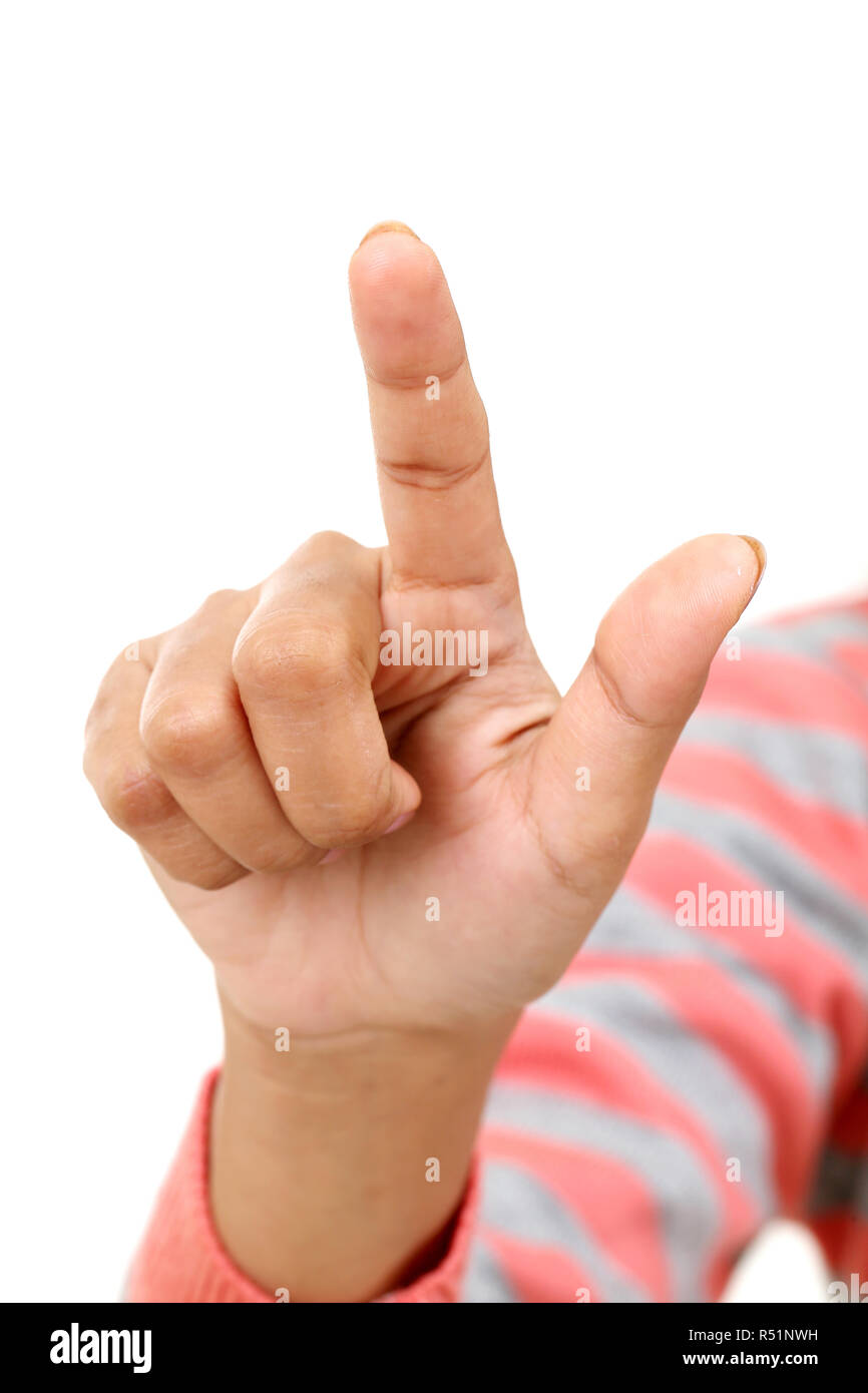 Young woman pressing a virtual button Stock Photo