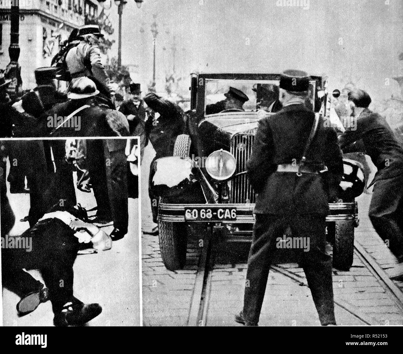 1934 - The moment of Assassination in Marseilles, France, of King Alexander of Yugoslavia (Alexander the Unifier) & M Barthou, French Minister  (The body of the Assassin, Bulgarian revolutionary Vlado Chernozemski is inset inset) Stock Photo