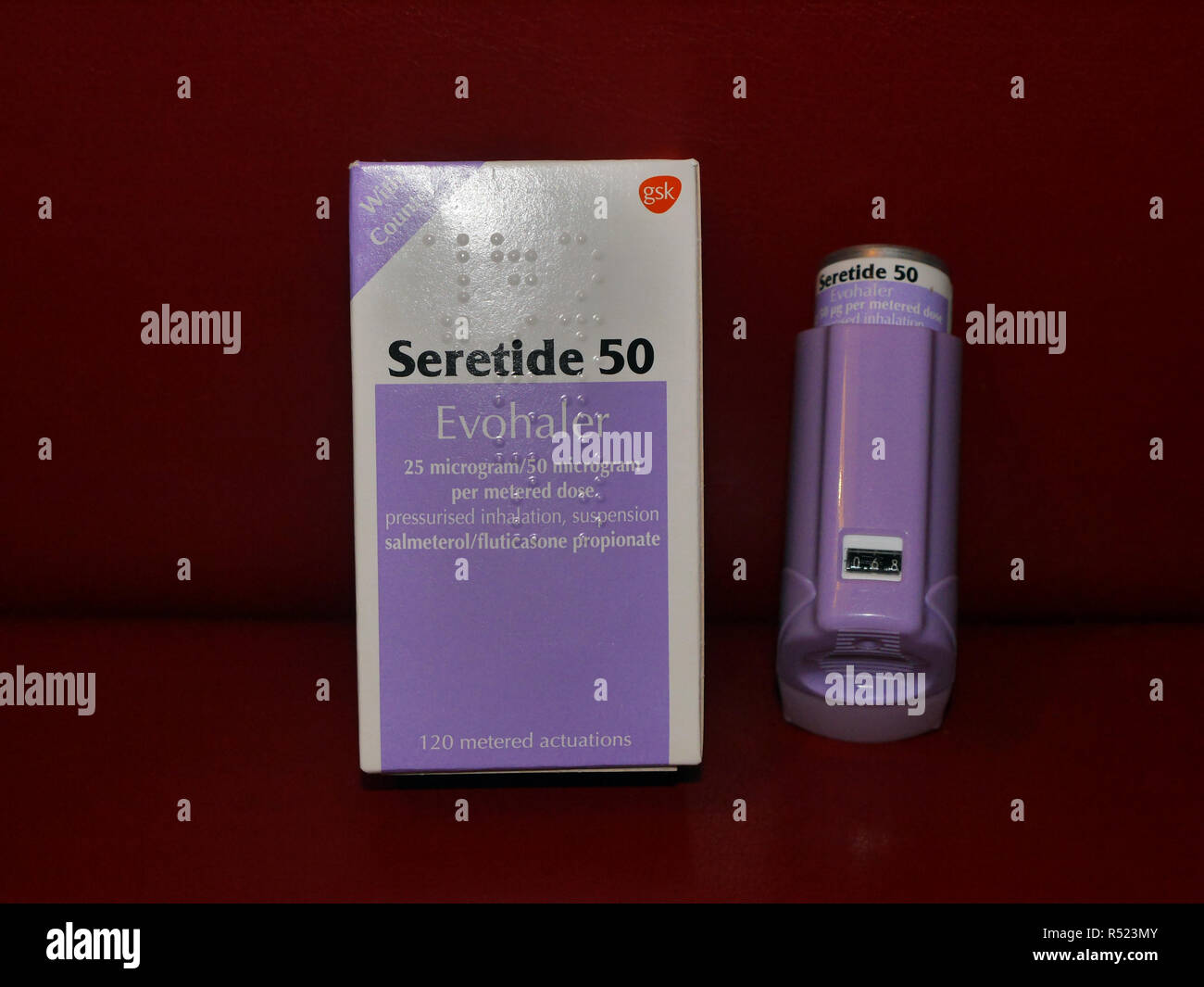 Seretide contains two medicines, salmeterol xinafoate and fluticasone propionate. It comes in three different doses and in two types of inhaler. Stock Photo