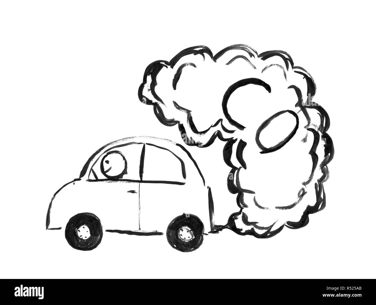 Black Ink Hand Drawing of Car Producing CO Air Pollution Stock Photo