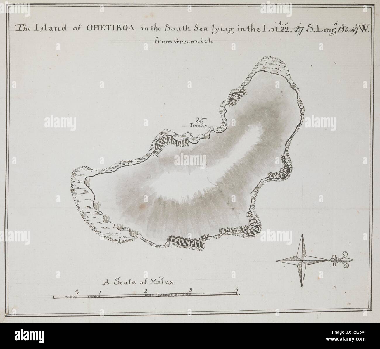 Plan of the Island of Ohetiroa, in the South Sea; drawn by Lieut, James Cook, in his first voyage (1768-1771), on a scale of one mile to an inch. Charts, Plans, Views, and Drawings taken on board the Endeavour during Captain Cook's First Voyage, 1768-1771. 1768-1771. Source: Add. 7085, No.15. Stock Photo