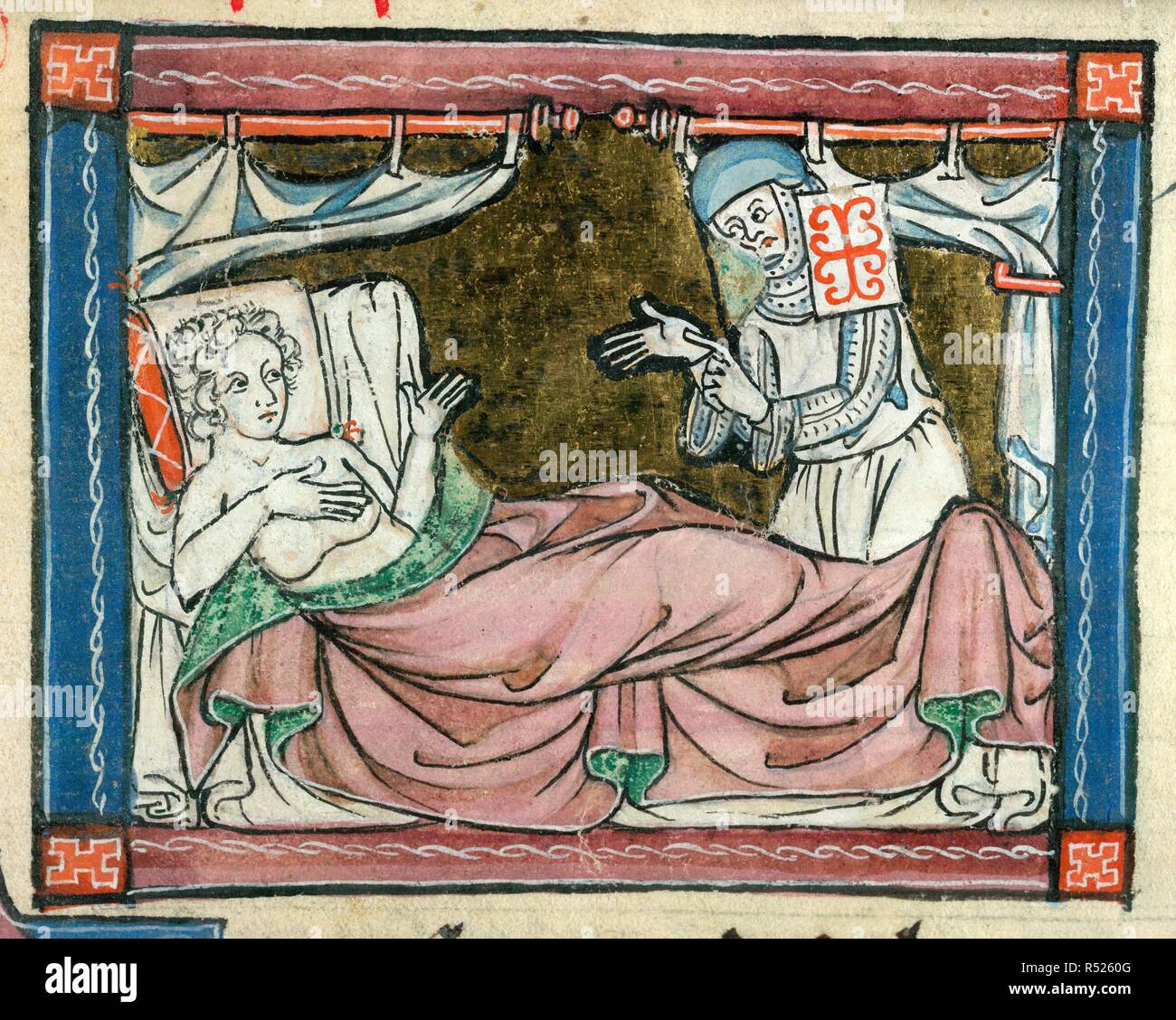 A woman in bed attended by a nun. L'Estoire del Saint Graal. France; circa 1316. Image taken from L'Estoire del Saint Graal. Source: Add. 10293, f.107. Stock Photo