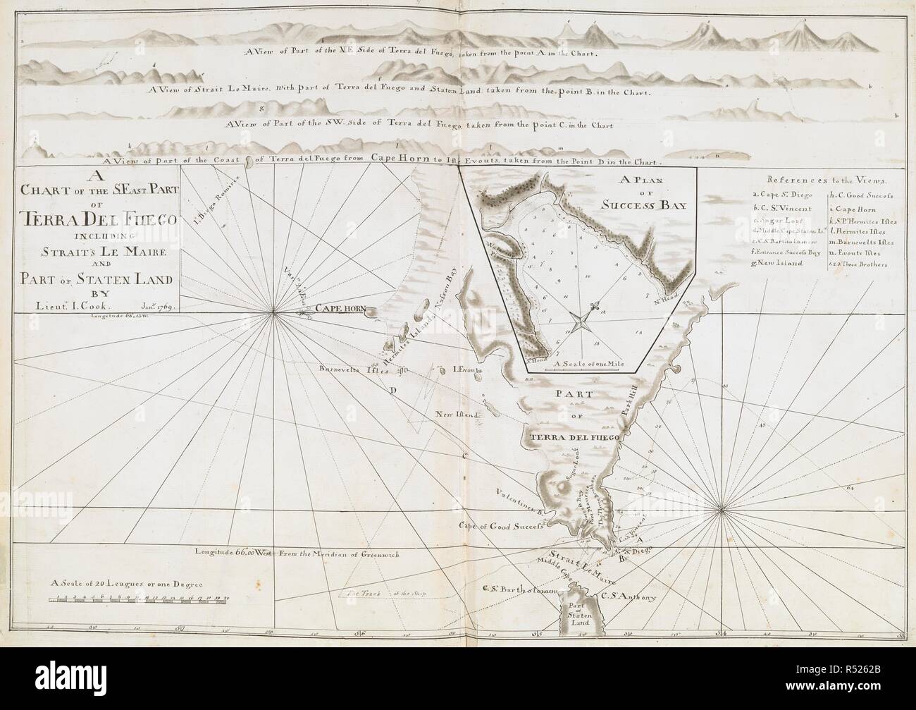 A chart of the S.-E. part of Terra del Fuego, including Straits Le Maire and part of Staten Land, on a scale of 4 leagues to an inch; with a chart of Success Bay, on a scale of 2 inches to a mile; and four views of headlands in Terra del Fuego; drawn by Lieut. J. Cook, Jan., 1769. Charts, Plans, Views, and Drawings taken on board the Endeavour during Captain Cook's First Voyage, 1768-1771. Jan., 1769. Ms. 2 f. x 1 f. 5 in.; 61 x 43 cm.; Scale ca. 1: 760 320. 4 leagues to an inch. Source: Add. 7085, No.3. Author: COOK, JAMES. Stock Photo