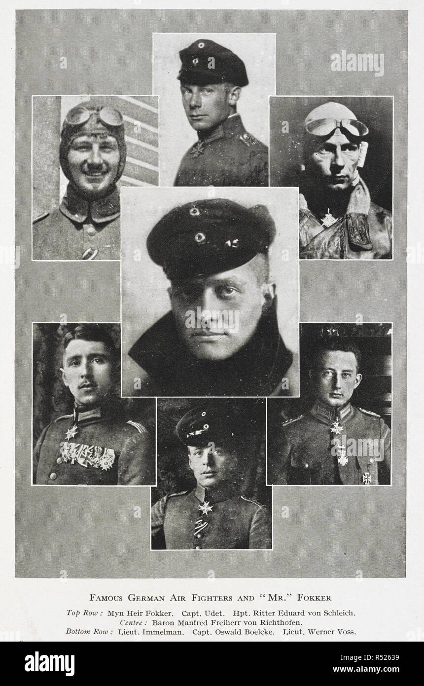 Famous German air fighters and 'Mr' Fokker. Top row: My heir Fokker. Capt. Udet. Hpt. Ritter Eduard von Scheich. Centre: Baron Manfred Freiherr von Richthofen. Bottom row: Lieut. Immelman. Capt. Oswold Boelcke. Lieut. Werner Voss. . King of Air Fighters. Biography of Major â€œMickâ€ Mannock, V.C., D.S.O., M.C. [With plates, including portraits.]. London : I. Nicholson & Watson, 1934. Source: 09081.bb.34 plate opposite page 56. Author: Jones, James Ira Thomas. Stock Photo