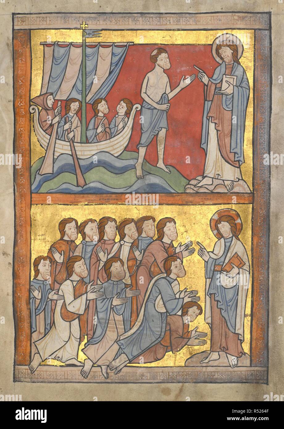 Miniature of Peter walking on water towards Christ; lower register: miniature of the awe-struck apostles praising Christ as the Son of God, in a visualization of John 21:7. Psalter. last quarter of the 12th century. Source: Harley 5102, f.129. Stock Photo