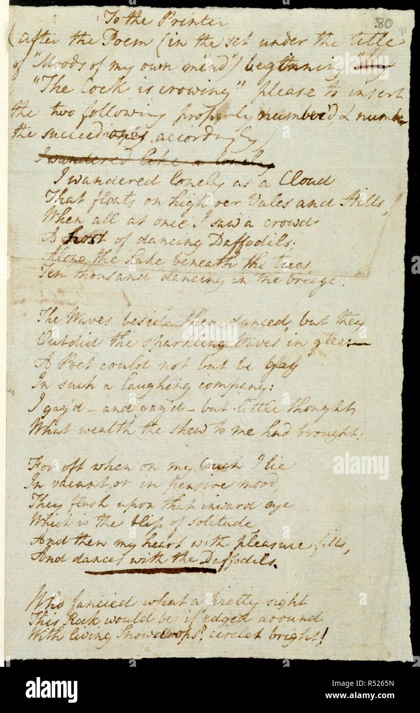 Poem of William Wordsworth. Poems in Two Volumes. England [Coleorten, co. Leics.]; circa 1806-1807. [Whole folio] Poem of William Wordsworth, 'I wandered lonely as a cloud', [afterwards known as 'Daffodils'], in the hand of his wife Mary. This was the printer's copy, sent to the publishers, Longman, Hurst, Rees and Orme, between November 1806 and April 1807  Image taken from Poems in Two Volumes.  Originally published/produced in England [Coleorten, co. Leics.]; circa 1806-1807. . Source: Add. 47864, f.80. Language: English. Stock Photo