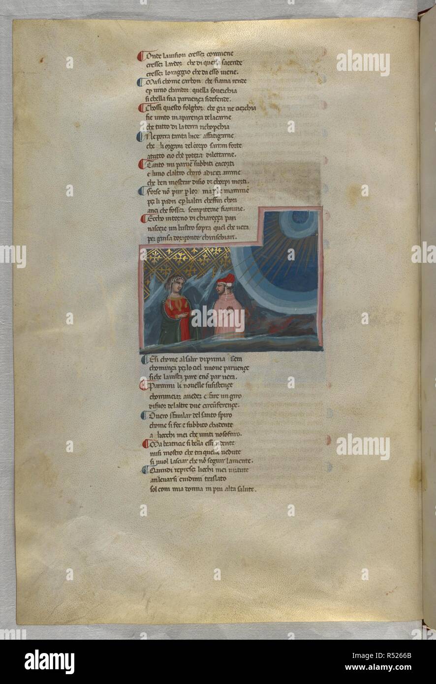 Paradiso : Dante turns to Beatrice. Dante Alighieri, Divina Commedia ( The Divine Comedy ), with a commentary in Latin. 1st half of the 14th century. Source: Egerton 943, f.151v. Language: Italian, Latin. Stock Photo
