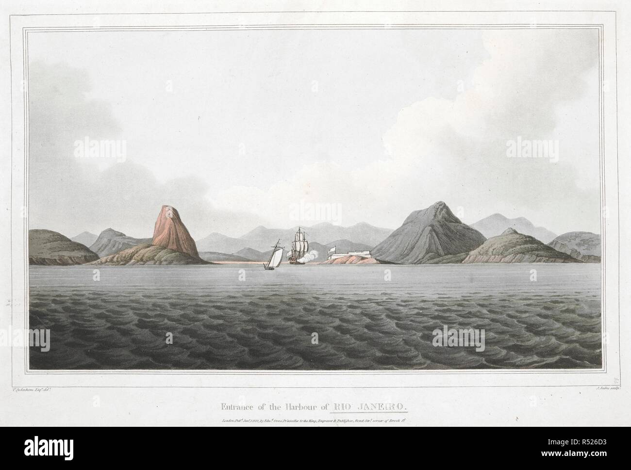 Two ships sailing and the entrance to Guanabara Bay, with Sugar Loaf Mountain (PÃ£o de AÃ§Ãºcar) on the left and a fort at the feet of the Jurujuba promontory on the right; mountains of Sierra del Mar in the background . Entrance of the Harbour of RIO JANEIRO. London : Pubd. Jan.y 1. 1812. by Edw.d Orme, Printseller to the King. Engraver & Publisher, Bond Str.t corner of Brook St., [January 1 1812]. Hand-coloured aquatint and etching. Source: Maps K.Top.124.59.b. Language: English. Author: Jeakes, J. Stock Photo
