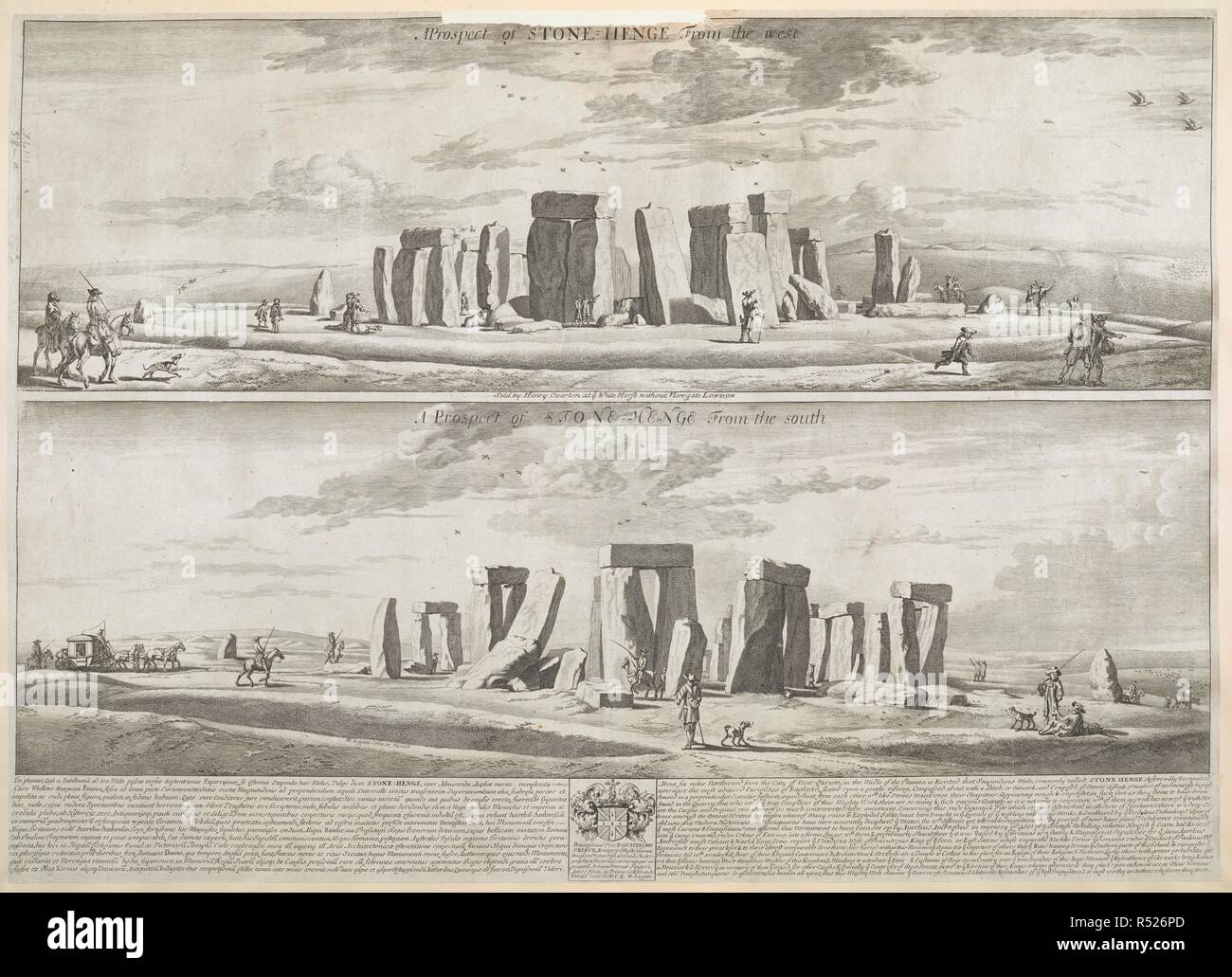 Two Views of Stonehenge. Two Views of Stone Henge, by Loggan. 18th c. Source: Maps.k.Top.43.58.a. Stock Photo