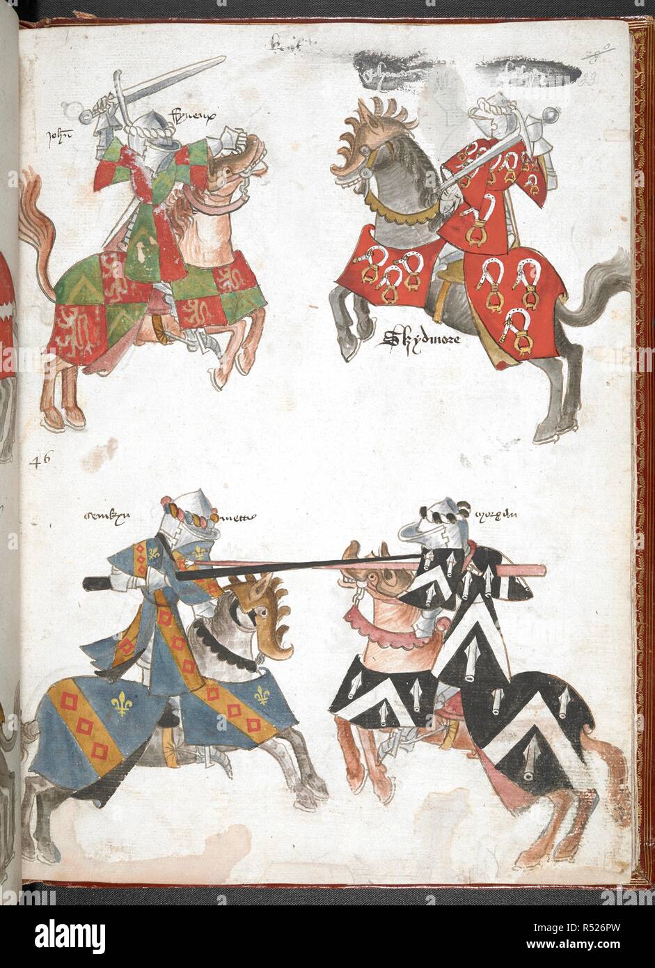 Knights jousting. Military Roll of Arms (manuscript also known as Sir Thomas Holme's Book of Arms). Part 2 ff. 9-40v. England, S. E. (probably London). Before 1448, c. 1446. Numerous coloured drawings of combatant mounted knights in armour and tabard. Source: Harley 4205 f.33. Language: Gothic cursive. Stock Photo