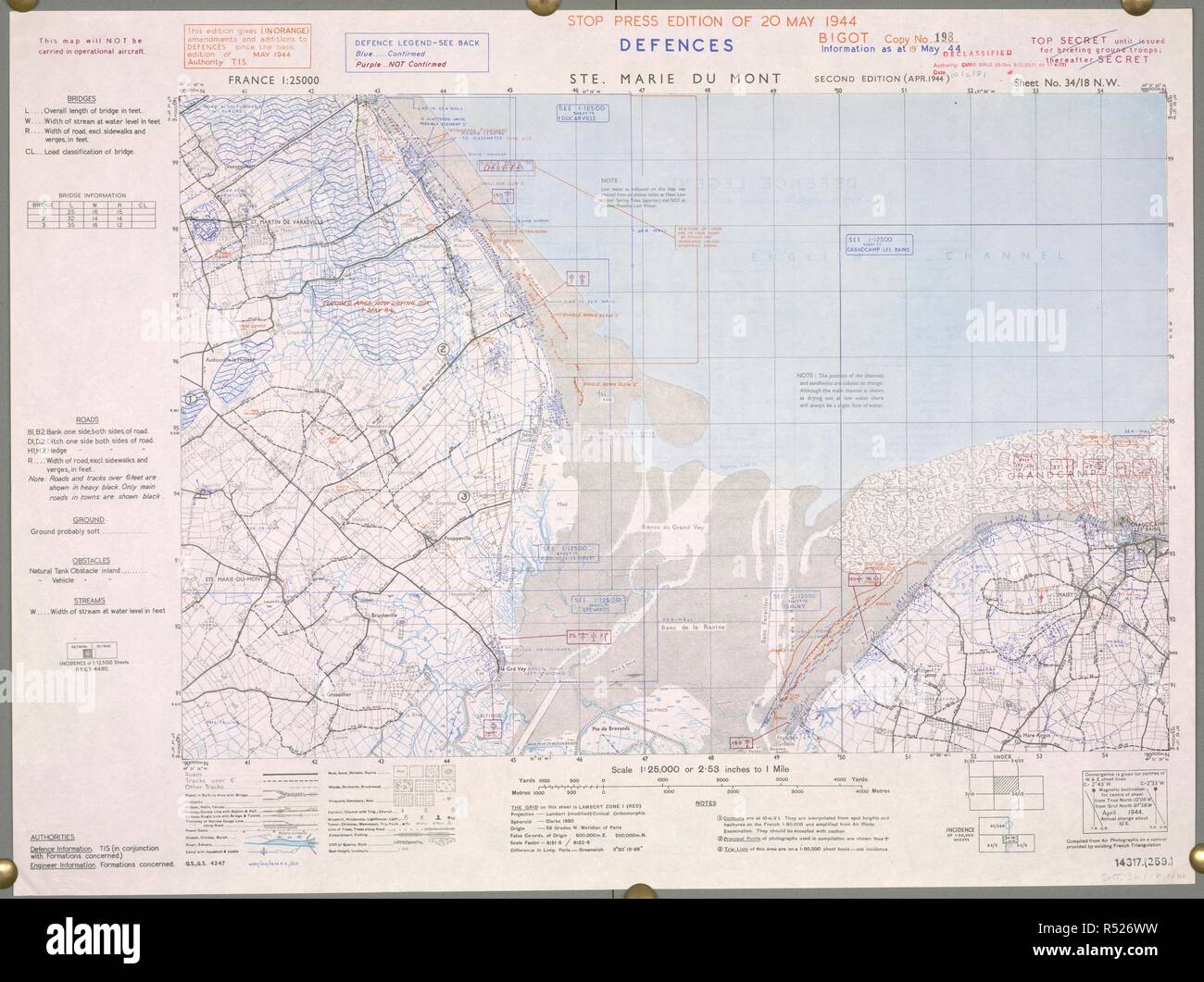 Ste. Marie Du Mont. Sainte-Marie-du-Mont, France. Utah beach. A map of the Second World War. It is best known for being the scene of military engagement between the American 101st Airborne Division and the German Wehrmacht on D-Day, June 6, 1944. Sainte Marie Du Mont was the first village to be liberated in Normandy. France 1:25,000 Defences, Bigot. [London] : War Office, 1944. Source: Maps 14317.(259.) 34-18 NW. Stock Photo