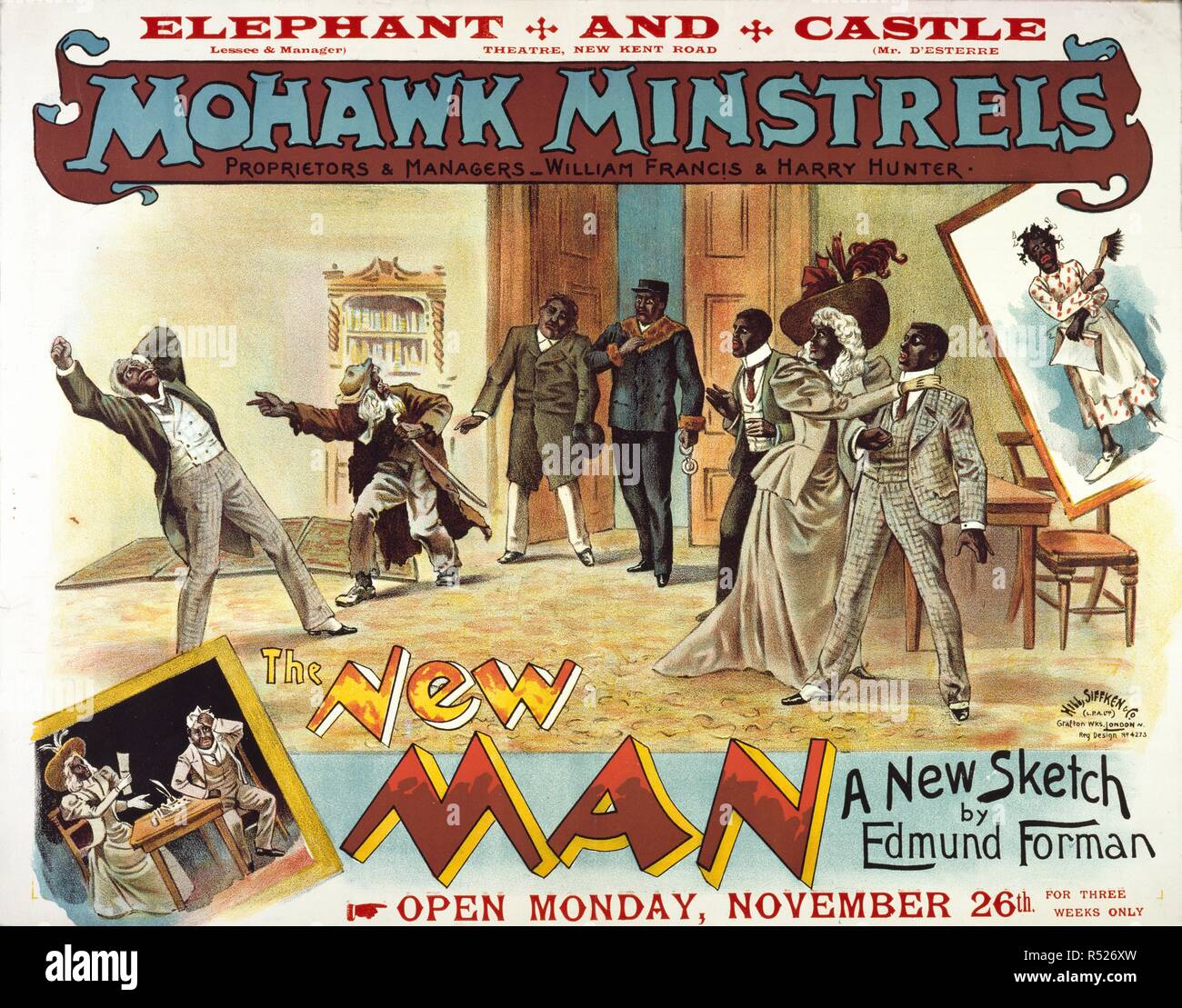 Elephant and Castle Theatre, Southwark. 'The New Man', 1888. 'The Mohawk Minstrels - The new man'. A collection of pamphlets, handbills, and miscellaneous printed matter relating to Victorian entertainment and everyday life. Hill, Siffken & Co. (L.P.A. Ltd.) Grafton Wks, London N. 1888. Source: Evan.264. Author: Evanion, Henry. Stock Photo