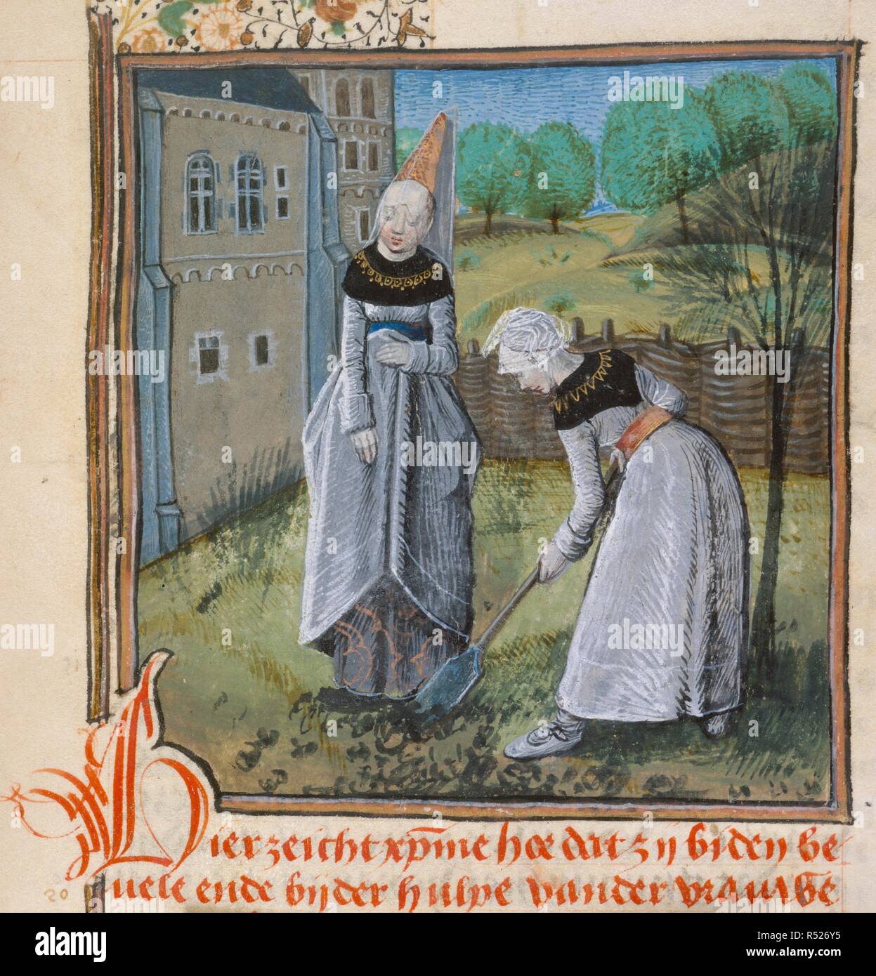 Clearing the Field of Letters. City of Ladies / CitÃ© des Dames / Die Lof  der Vrou. Bruges; 1475. (Miniature) Christine de Pisan and Reason clearing  the Field of Letters of misogynist