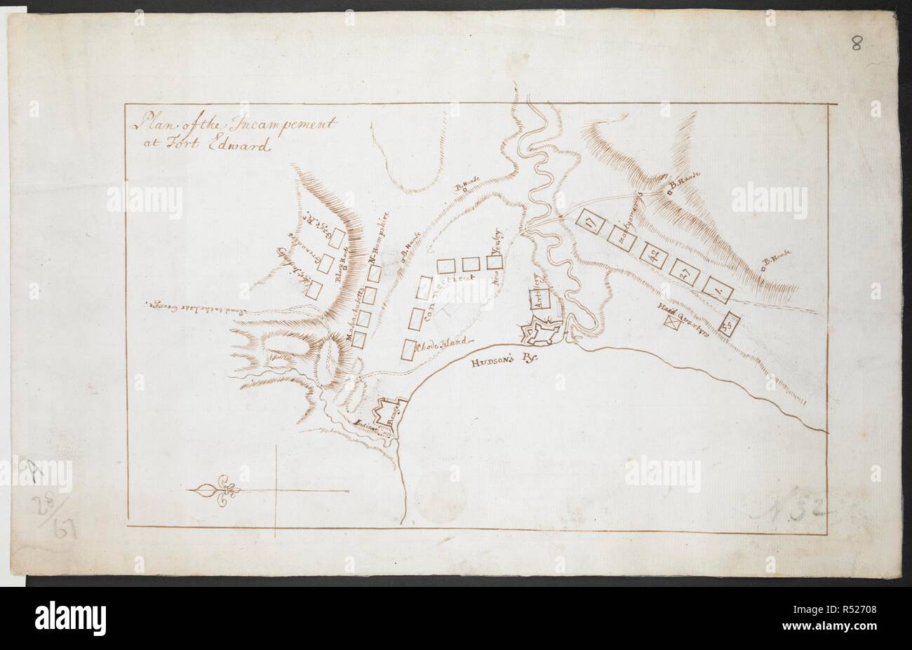 Plan of the incampement of Fort Edward', possibly by Thomas Sowers. . R.U.S.I. MAPS. Vol. LXXVI (1-13). 57711 (1-4). Places in states North-East of New York. 18th century. circa 1759 . Map oriented with East at top. Ink on paper. 160 x 260mm. No scale given. Source: Add. 57711.8 Amherst no. A 32. R.U.S.I. no. A 28.67. Stock Photo