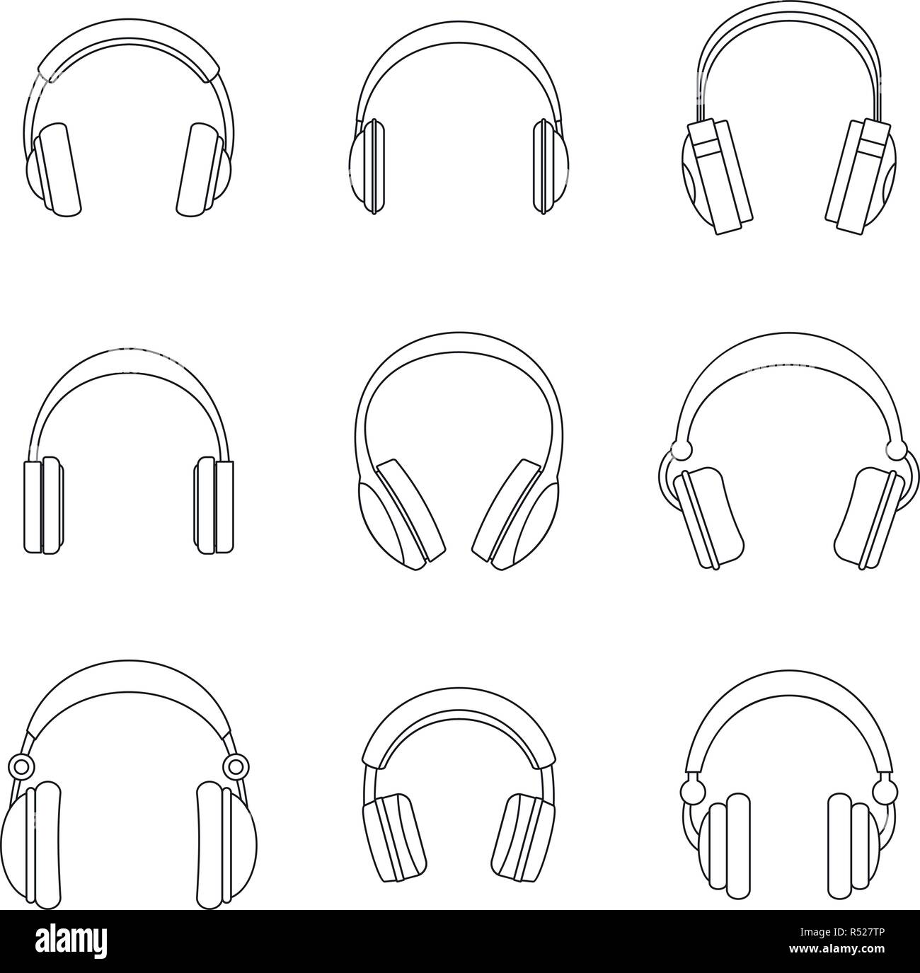 Headphones music listen speakers headset icons set. Outline