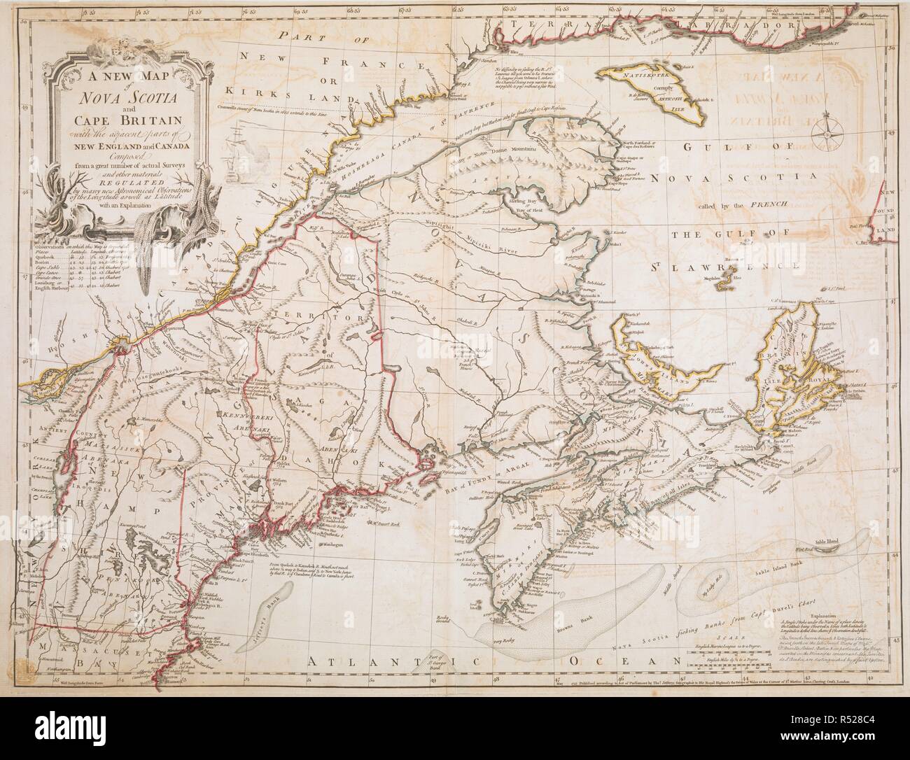A map of Nova Scotia and Cape Breton. Geographical detail extends from Cape Breton in the east down the Saint Lawrence River as far as MontrÃ©al, and from the coast of Labrador in the north to Boston Harbour in the south. A NEW MAP of NOVA SCOTIA and CAPE BRITAIN with the adjacent parts of NEW ENGLAND and CANADA : Composed from a great number of actual Surveys and other materials REGULATED by many new Astronomical Observations of the Longitude as well as Latitude with an Explanation. [London] : May 1755 Published according to Act of Parliament by Thos. Jefferys Geographer to His Royal Highness Stock Photo
