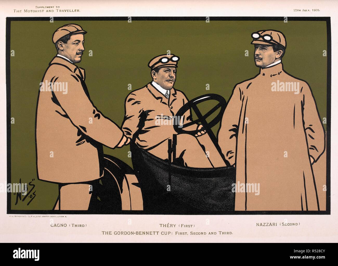 The Gordon-Bennett Cup: First, second and third. LÃ©on ThÃ©ry (first); Felice Nazzari (second); and, Alessandro Cagno (third).  The 1905 Gordon Bennett Cup, formally titled the VI Coupe Internationale, was a motor race held on 5 July 1905, on the Auvergne Circuit in France. The Motorist and Traveller. London 1905. Source: The Motorist and Traveller. 12 July 1905. Opposite page 892. Author: Niblett ('Nibs'), Frederick Drummond. Stock Photo