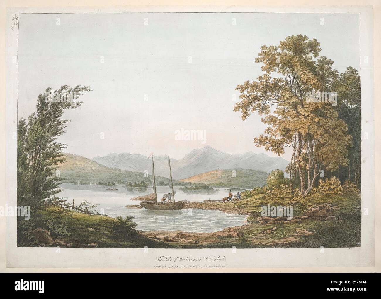The Lake of Windermere, in Westmoreland. A view across Lake Windermere in Cumbria; figures by a boat in the foreground; grass, foliage, rocks and trees throughout the scene; hills in the distance.    . The Lake of Windermere, in Westmoreland. [London] : Publish'd Sepr 1 1792 by T. Gowland Junr Gould Square, near Tower Hill London., [September 1 1792]. 1 print : etching and stipple with hand-colouring ; sheet 43 x 60.6 cm. Source: Maps. K.Top.43.16.d. Stock Photo