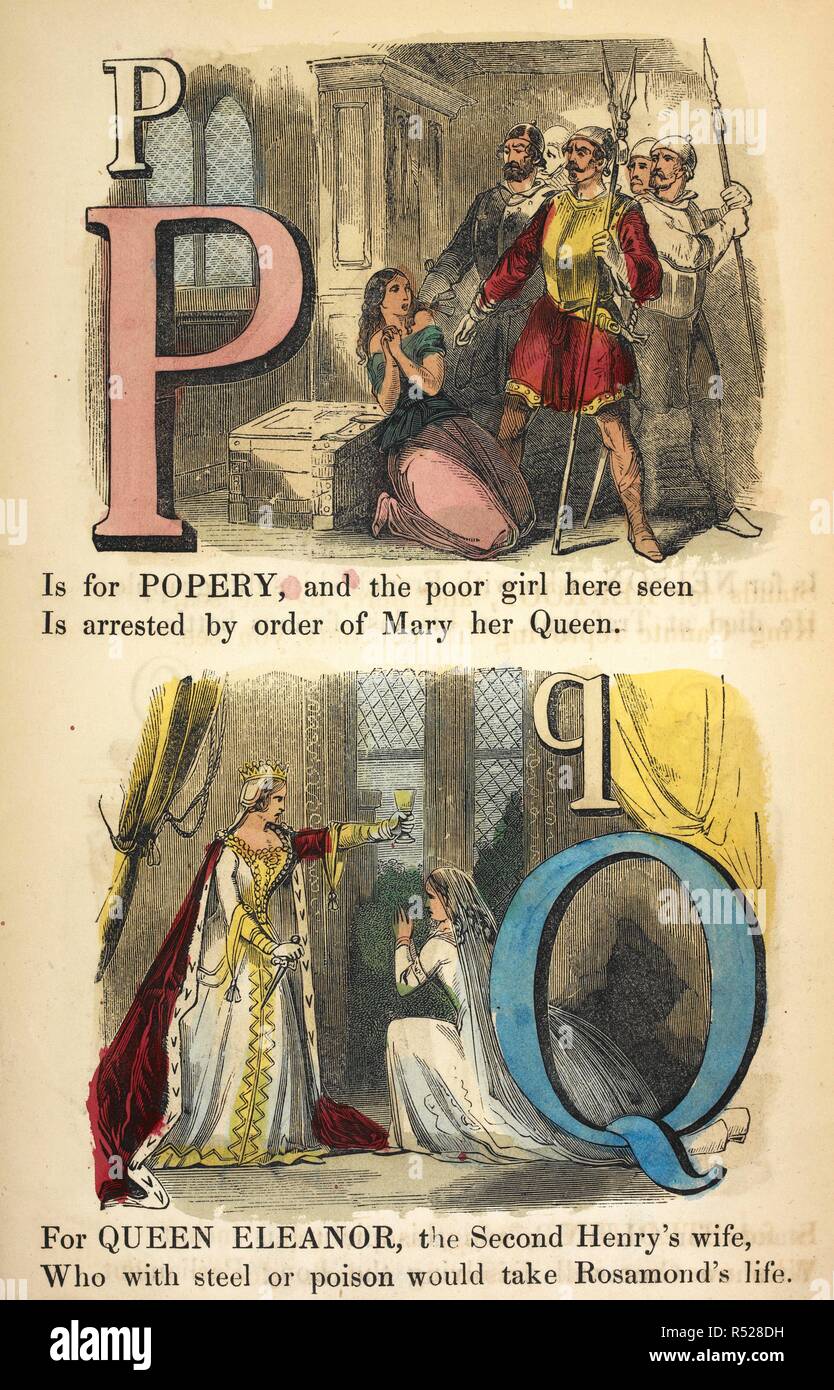 P is for popery. Q is Queen Eleanor. Dean's steam-boat alphabet : a companion to the Railway alphabet. London : Dean & Son, [1855]. Source: C.194.b.70.(1). Stock Photo