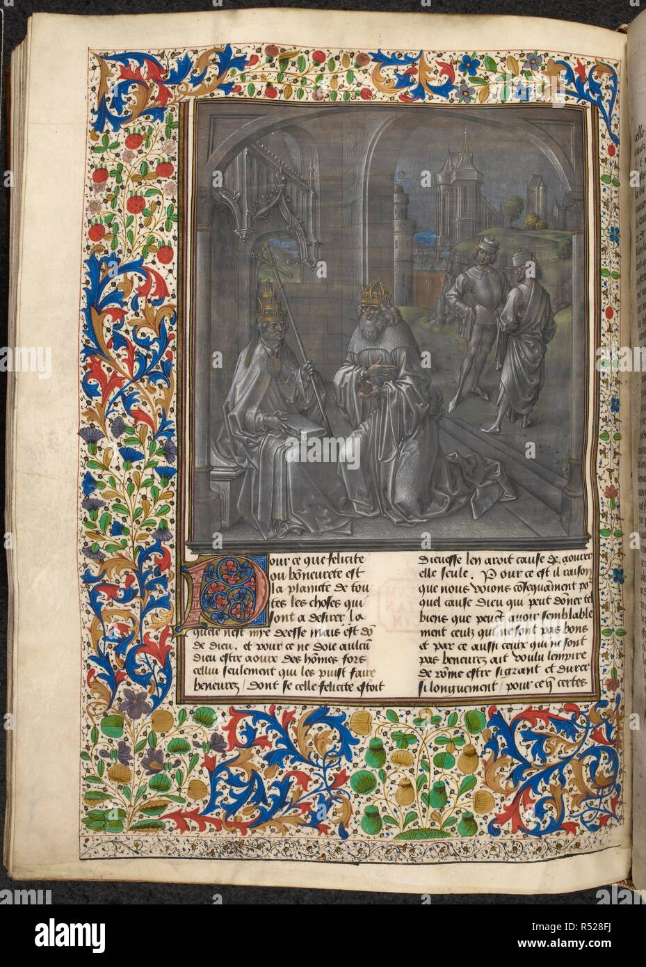 A pope and Christian emperor. S. AUGUSTINE, De civitate Dei, in French: the translation and commentary made by Raoul de Presles for Charles V of France. Late 15th century. Source: Royal 14 D. I f.224v. Language: French. Author: de Presles, Raoul (Translator). Stock Photo