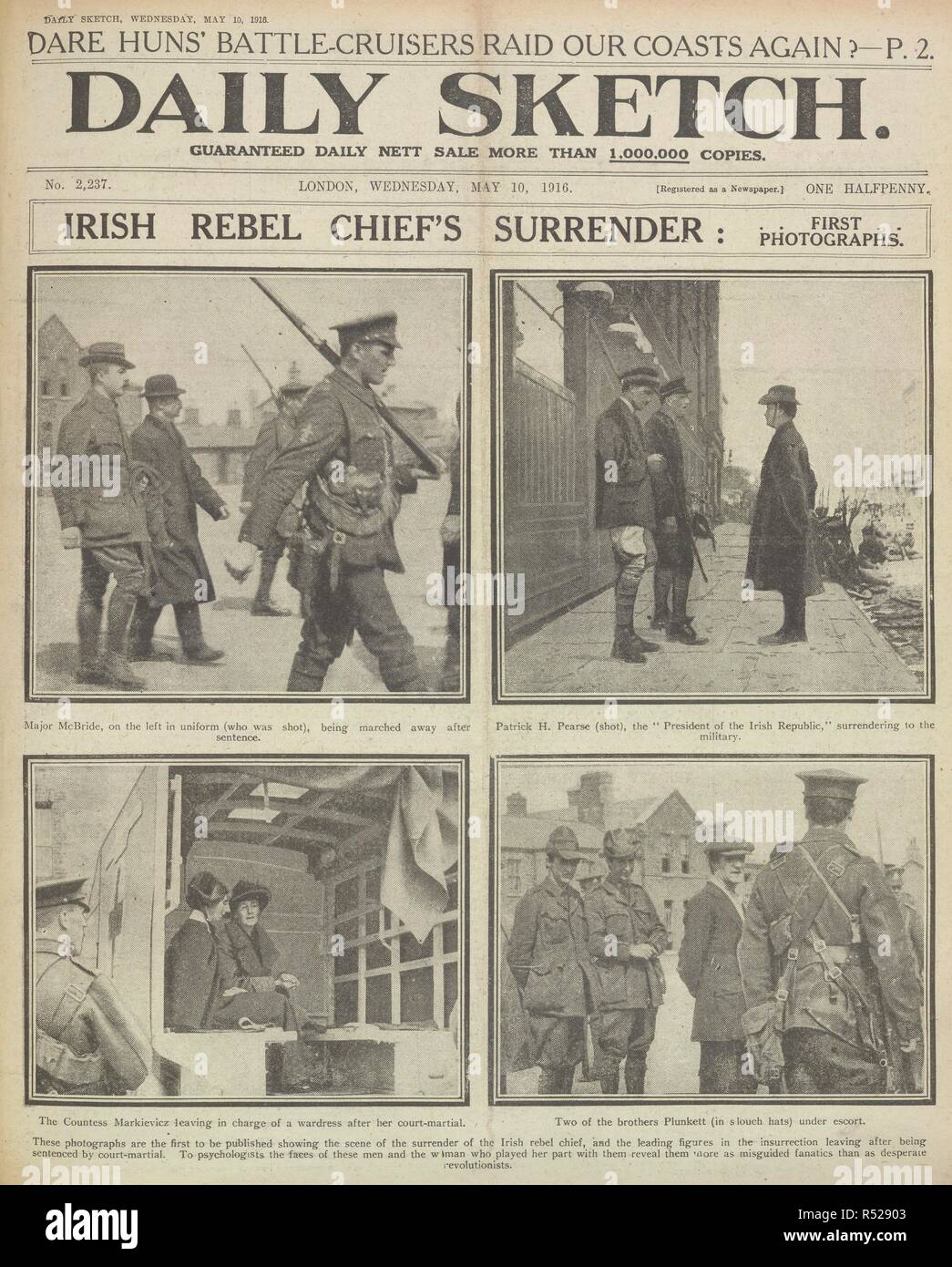 Irish rebel chief's surrender: First photographs. A newspaper report regarding the arrest of  participants of the Easter Rising, also known as the Easter Rebellion, an armed insurrection staged in Ireland during Easter Week, 1916. John MacBride was not a member of the Irish Volunteers, but upon the beginning of the Rising he offered his services to Thomas MacDonagh, and was appointed second-in-command at Jacobâ€™s biscuit factory when that post was surrendered on Sunday, 30 April 1916. He was executed on 5 May 1916. Patrick Pearse. Commander in Chief of the Irish forces. He was executed on 3 M Stock Photo