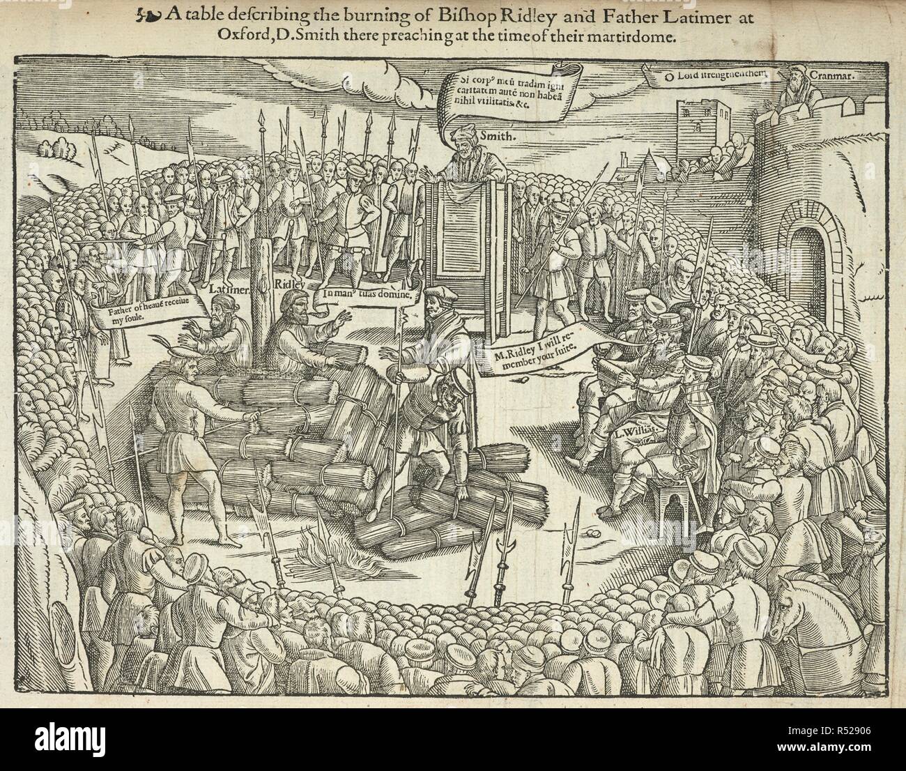 'A table describing the burning of Bishop Ridley and Father Latimer at Oxford ...'. Hugh Latimer and Nicholas Ridley were burnt at the stake on the 16th October 1555. They became known as the Oxford Martyrs of Anglicanism, along with Thomas Cranmer. Actes and monuments of these latter and perillous dayes ... [ Foxe's Book of Martyrs]. London, 1583. Source: 4824.k.3 opposite page 1783. Author: FOXE, JOHN. Stock Photo