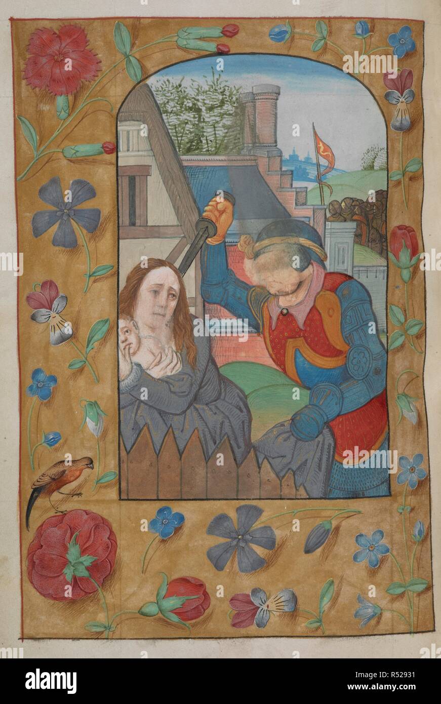 Slaughter of the Innocents, and full scatter borders. Book of Hours, Use of Sarum. Netherlands, S. (Bruges); c. 1500. Source: King's 9, f.111v. Language: Latin. Stock Photo