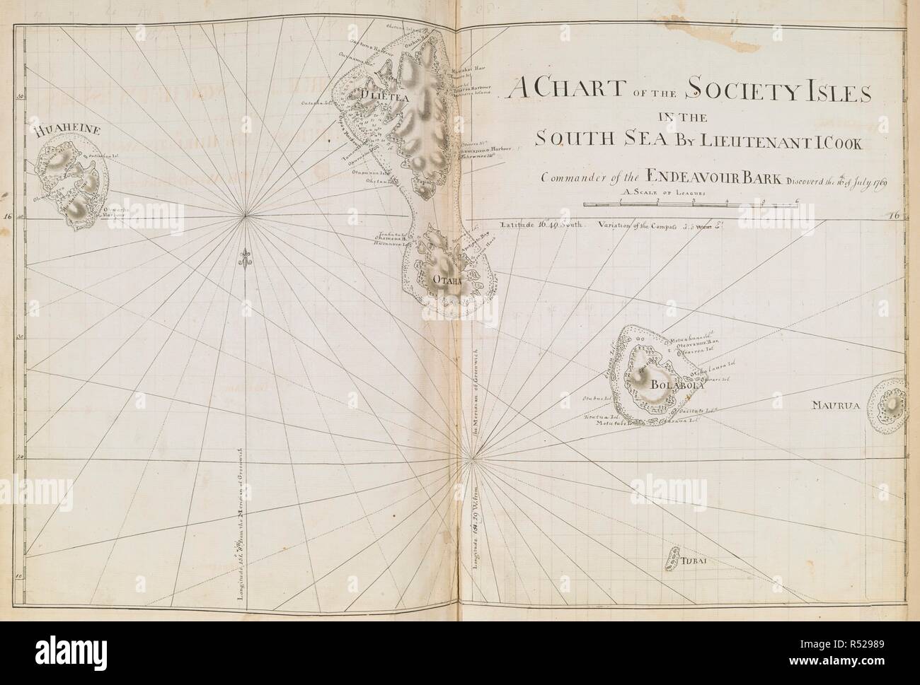 A chart of the Society Isles, by Lieut. James Cook, in his first voyage 1768-1771 on a scale of one league to an inch. Charts, Plans, Views, and Drawings taken on board the Endeavour during Captain Cook's First Voyage, 1768-1771. 1768-1771. Source: Add. 7085, No.11. Stock Photo