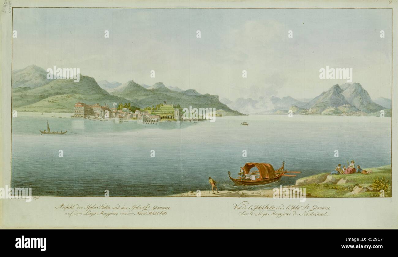 Two men pull a canopied barge to the shore where two young men and two young women holding distaffs sit in conversation near Laveno. A view of the palace and gardens of